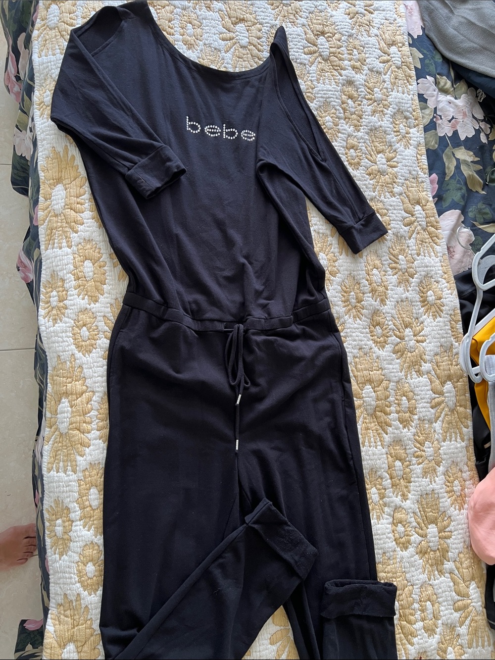 bebe Black jumpsuit Rhinestone Logo Top💎